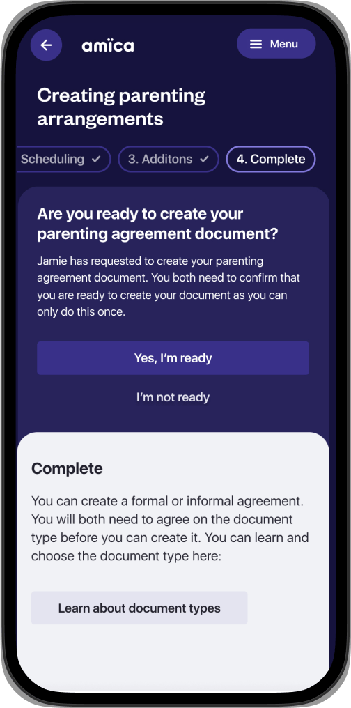 Phone screen showing the completion section of the parenting arrangements page